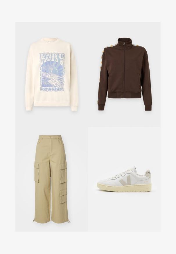 Giacca zip-up marrone in tessuto morbido, con colletto alto, tasche laterali e dettagli decorativi lungo le spalle. Polsini e orlo a coste.; Felpa chiara con collo rotondo e polsi a costine. La parte frontale presenta una grafica blu con "ROXY" e una scena di spiaggia.; Top cropped nero a maniche lunghe in tessuto ribbed, con ampia scollatura a girocollo e silhouette aderente, con un sottile accento del logo del marchio.; Pantaloni cargo beige con gamba larga, due grandi tasche laterali, tasche frontali e dettaglio con cordino all'orlo. Tessuto in misto cotone.; Sneaker in pelle bianca con dettagli in suede beige, punta perforata, lacci piatti e suola testurizzata color crema. Presenta un logo discreto sul tallone.