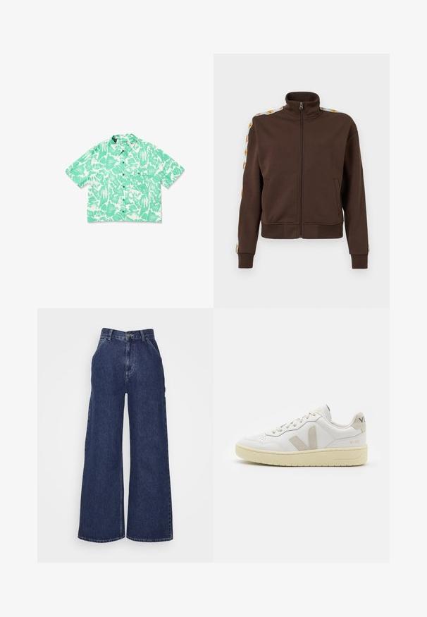 Veste zippée marron en tissu doux, avec un col montant, des poches latérales et des accents en motif le long des épaules. Poignets et ourlet côtelés.; Chemise à manches courtes verte avec des motifs abstraits blancs, fermeture à boutons sur le devant et une poche sur la poitrine ; fabriquée en tissu léger.; Haut court à manches longues noir en texture côtelée, présentant un large décolleté arrondi et une silhouette ajustée, avec un accent discret du logo de la marque.; Jeans en denim à jambes larges de couleur bleu foncé, avec une taille haute, des poches avant et une fermeture éclair avec un bouton en métal. Texture lisse et design classique.; Baskets blanches en cuir avec des accents en daim beige, boîte à orteils perforée, lacets plats et semelle texturée crème. Présente un logo discret au talon.