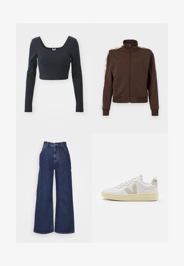 Bruine zip-up jas van zachte stof, met een hoge kraag, zijzakken en patroonelementen langs de schouders. Ribgebreide manchetten en zoom.; Zwarte langemouwen cropped top in geribbeld textuur, met een brede ronde halslijn en een aansluitende pasvorm, voorzien van een subtiele merklogo-accent.; Brede denim jeans in donkerblauw, met een hoge taille, zijzakken en een ritssluiting met een metalen knop. Gladde textuur en klassiek ontwerp.; Witte leren sneaker met beige suède accenten, geperforeerde neus, platte veters en een gestructureerde crèmekleurige zool. Heeft subtiele branding op de hak.