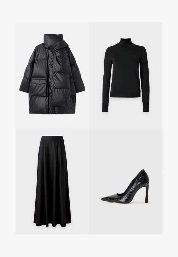 Geacă neagră matlasată cu guler înalt, buzunare mari și o eșarfă detașabilă. Fabricată dintr-un material lucios, texturat, cu un design lejer.; Pulover negru cu mânecă lungă și guler tip colier, cu manșete și tiv cu elastic, expus pe un fundal alb simplu.; Fustă neagră, până la podea, cu o textură netedă, talie lată și design plisat, fără modele vizibile sau embellismente.; Pantofii cu toc înalt, ascuțiți, de culoare neagră, cu textură de piele de crocodil, având un design elegant, toc în stil stiletto și interior neted de culoare neagră.