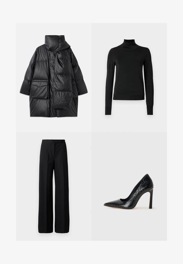 Čierny vypchávkovaný kabát s vysokým golierom, veľkými vreckami a odnímateľným šálom. Vyrobený z lesklého, textúrovaného materiálu s voľným strihom.; Čierny dlhý rukáv rolák s rebrovanými manžetami a lemom, zobrazený na čistej bielej pozadí.; Čierne nohavice so širokými nohavicami s hladkou, matnou textúrou. Ploché pásy bez viditeľného kovania alebo vzorov. Jednoduchý a elegantný dizajn.; Čierna lodička s špicatou špičkou a lakovanou textúrou krokodíla, s elegantným dizajnom, vysokým stiletto podpätkom a hladkým čiernym interiérom.