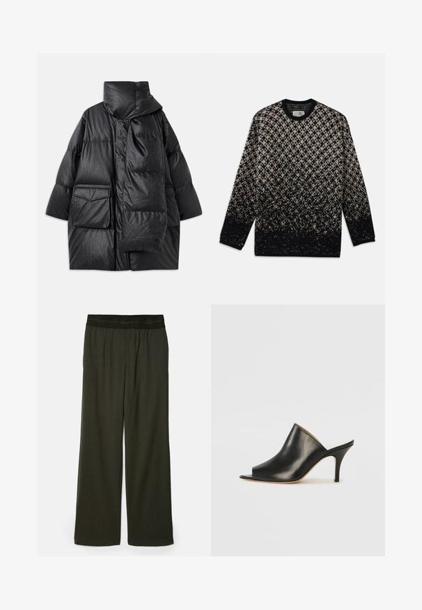 Black padded coat with high collar, large pockets, and a detachable scarf. Made of shiny, textured material with a loose-fitting design.; Knit sweater featuring a diamond pattern in beige and black, with a gradual color fade. Crew neckline and long sleeves. Soft texture.; Dark green wide-leg trousers with a smooth texture, elastic waistband, and no visible patterns or accents.; Black leather open-toe mule with a sleek, curved design, high stiletto heel, and smooth texture. The interior features a contrasting light color.