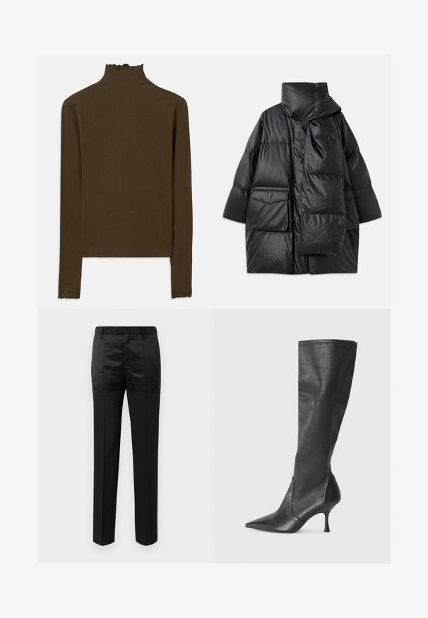 Black padded coat with high collar, large pockets, and a detachable scarf. Made of shiny, textured material with a loose-fitting design.; Brown long-sleeve ribbed knit top with mock neck and subtle lettuce-edge trim on collar, cuffs, and hem.; Black tailored trousers with straight legs and a waistband with belt loops, featuring a mix of matte and shiny fabric panels.; Knee-high black leather boots with a pointed toe and a slim stiletto heel. Smooth texture with a fitted design and stitching at the top edge.