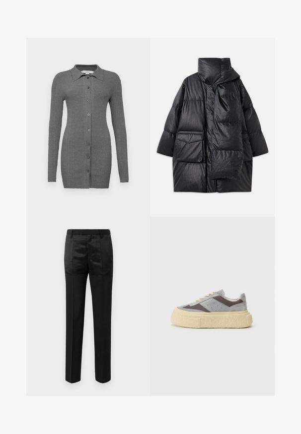 Melna pildīta jaka ar augstu apkakli, lielām kabatām un noņemamu šalli. Izgatavota no spīdīga, tekstūrāta materiāla ar brīvu piegriezumu.; Pelēks ribots kardigāns ar garām piedurknēm, apkakles formas kakla izgriezumu un pogājamām aizdaratām. Iespējas ietver pieguļošu siluetu un gludu tekstūru.; Melni pielāgoti bikses ar taisnām kājām un jostu ar cilpiņām, kas ietver matētu un spīdīgu audumu paneļus.; Pelēki zamšādas sporta apavi ar sieta paneļiem, krēmkrāsas zole un noapaļota purngala forma. Iekļautas beigu krāsas šņorītes un vieglas perforācijas sānos.