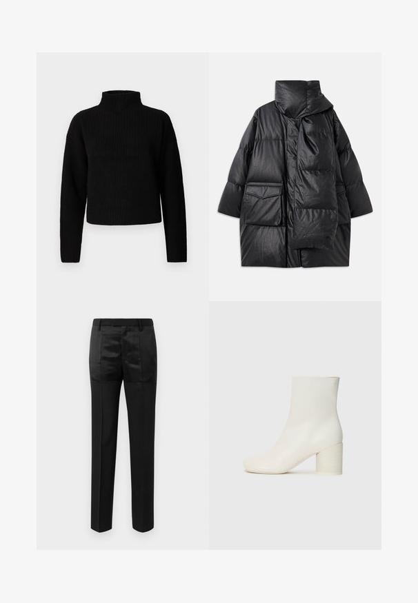 Zwarte gewatteerde jas met hoge kraag, grote zakken en een afneembare sjaal. Gemaakt van glanzend, gestructureerd materiaal met een losse pasvorm.; Zwarte geribde coltrui met lange mouwen en een cropped ontwerp. De textuur lijkt dik en gebreid, zonder zichtbare patronen of versieringen.; Zwarte op maat gemaakte broek met rechte pijpen en een tailleband met riemlussen, voorzien van een mix van matte en glanzende stofpanelen.; Witte leren enkellaars met een ronde neus en een stevige cilindrische hak. Gladde textuur, minimalistisch design, geen zichtbare hardware of patronen.