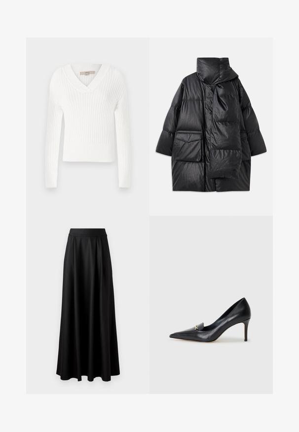 Crni kaput s ulošcima, visokim ovratnikom, velikim džepovima i odvojivim šalom. Izrađen je od sjajnog, teksturiranog materijala s ležernim krojem.; Bijela rebrasta pletena majica s V-izrezom, dugim rukavima i skraćenim dizajnom; ima teksturiranu završnu obradu i prilagođene manžetne.; Crna suknja do poda s glatkom teksturom, širokim pojasom i nabranim dizajnom, bez vidljivih uzoraka ili ukrašavanja.; Crne kožne štikle s oštrim vrhom, niskim dekolteom i dekorativnim zlatnim naglaskom. Imaju štiklu i glatku teksturu.
