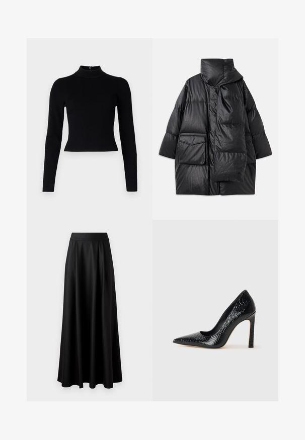 Black padded coat with high collar, large pockets, and a detachable scarf. Made of shiny, textured material with a loose-fitting design.; Black ribbed turtleneck sweater with long sleeves and a fitted silhouette, featuring a smooth texture and a back zipper detail.; Black, floor-length skirt with a smooth texture, wide waistband, and pleated design, featuring no visible patterns or embellishments.; Black pointed-toe high heel shoe with a crocodile-skin texture, featuring a sleek design, high stiletto heel, and smooth black interior.