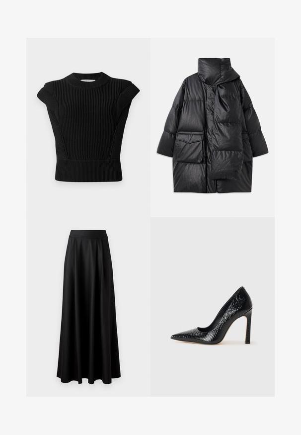 Schwarze gepolsterte Jacke mit hohem Kragen, großen Taschen und einem abnehmbaren Schal. Hergestellt aus glänzendem, strukturiertem Material mit einem lockeren Schnitt.; Schwarzer gerippter Strickpullover mit kurzenÄrmeln und einem runden Ausschnitt. Verfügt über eine taillierte Silhouette und ein strukturiertes Material.; Schwarzer, bodenlanger Rock mit glatter Textur, weitem Bund und plissiertem Design, ohne sichtbare Muster oder Verzierungen.; Schwarzer, spitz zulaufender High Heel mit Krokodilleder-Struktur, elegantem Design, hohem Stiletto-Absatz und glattem schwarzen Innenraum.