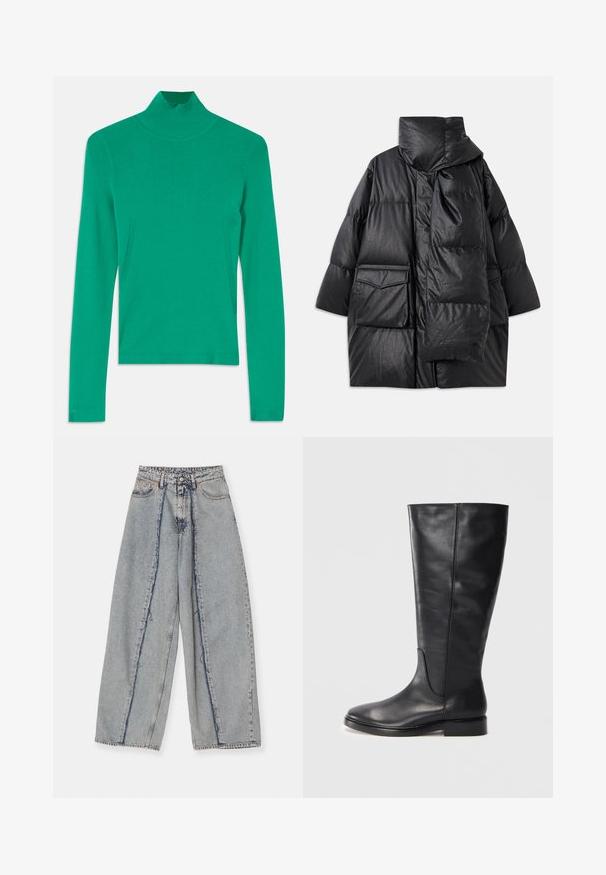 Black padded coat with high collar, large pockets, and a detachable scarf. Made of shiny, textured material with a loose-fitting design.; Green turtleneck sweater made of ribbed knit fabric, featuring long sleeves and subtle side seam detailing for a sleek, fitted appearance.; Light blue wide-leg jeans with frayed edges, a high waist, and contrasting seams. Made of denim, showcasing a relaxed fit and minimal distressing.; Black knee-high leather boot with a low heel and rounded toe, showing stitching details along the shaft and vamp.
