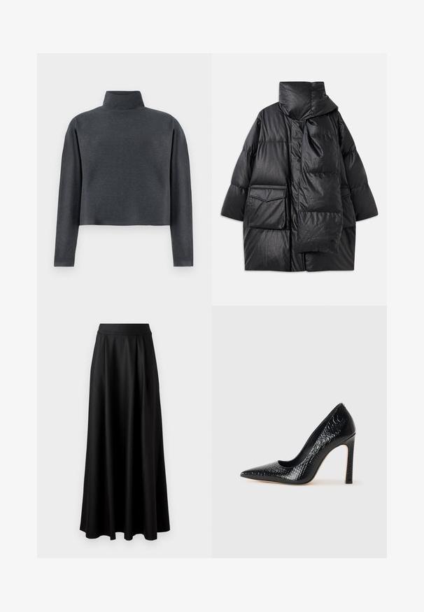 Czarna pikowana kurtka z wysokim kołnierzem, dużymi kieszeniami i odpinanym szalikiem. Wykonana z błyszczącego, strukturalnego materiału o luźnym kroju.; DRYKORN ASIRAL szary; Czarna spódnica do ziemi o gładkiej fakturze, szerokim pasie i plisowanym wzorze, bez widocznych wzorów czy ozdób.; Czarne szpilki z ostrym noskiem, pokryte teksturą skóry krokodyla, charakteryzujące się eleganckim wzornictwem, wysokim obcasem w stylu stiletto oraz gładkim czarnym wnętrzem.