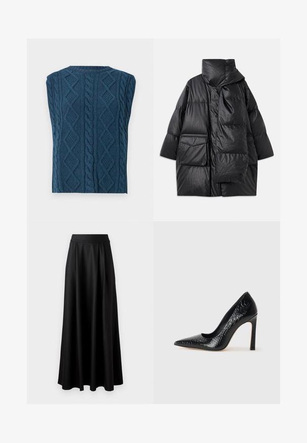 Schwarze gepolsterte Jacke mit hohem Kragen, großen Taschen und einem abnehmbaren Schal. Hergestellt aus glänzendem, strukturiertem Material mit einem lockeren Schnitt.; Ärmelloser Pullover aus Kabelstrick in tiefblau. Verfügt über strukturierte Muster aus Diamanten und verdrehten Kabeln sowie einen runden Ausschnitt.; Schwarzer, bodenlanger Rock mit glatter Textur, weitem Bund und plissiertem Design, ohne sichtbare Muster oder Verzierungen.; Schwarzer, spitz zulaufender High Heel mit Krokodilleder-Struktur, elegantem Design, hohem Stiletto-Absatz und glattem schwarzen Innenraum.