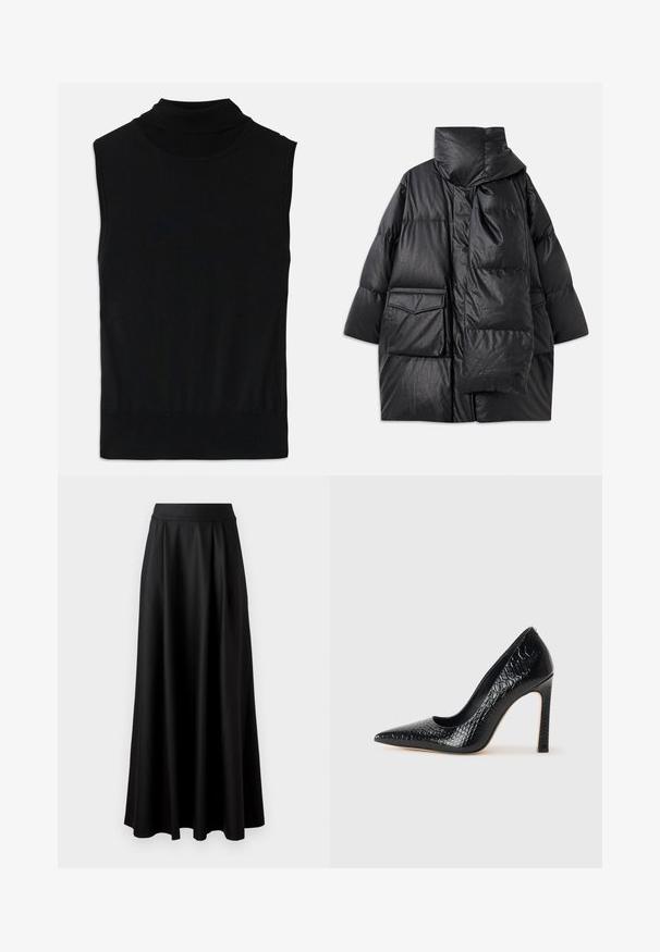 Fekete, párnázott kabát magas gallérral, nagy zsebekkel és levehető sállal. Fényes, textúrált anyagból készült, laza szabású.; Fekete, ujjatlan garbó alakú kötött felső, bordás szegéllyel és gallérral, fehér háttér előtt lefektetve.; Fekete, földig érő szoknya sima textúrával, széles derékrésszel és plisszézett dizájnnal, látható minták vagy díszítések nélkül.; Fekete hegyes orrú magassarkú cipő krokodilbőr textúrával, letisztult dizájnnal, magas tűsarkú és sima fekete belső résszel.