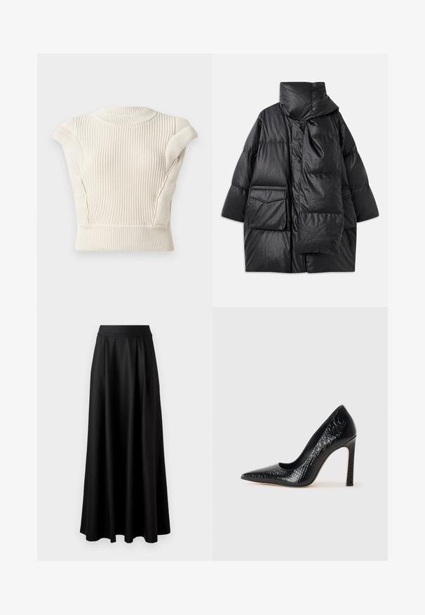 Černý prošívaný kabát s vysokým límcem, velkými kapsami a odnímatelným šátkem. Vyrobený z lesklého, strukturovaného materiálu s volným střihem.; Krémový pruhovaný pletený top s krátkými rukávy a kulatým výstřihem. Obsahuje texturovanou tkaninu a přiléhavý design. Bez viditelných zapínání nebo vzorů.; Černá sukně až na podlahu s hladkou strukturou, širokým pasem a sklady, bez viditelných vzorů nebo ozdob.; Černý lodičkový bot s špičatou špičkou, pokrytý texturou krokodýlí kůže, s elegantním designem, vysokým stiletto podpatkem a hladkým černým interiérem.