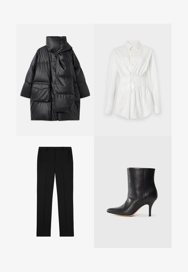 Czarna pikowana kurtka z wysokim kołnierzem, dużymi kieszeniami i odpinanym szalikiem. Wykonana z błyszczącego, strukturalnego materiału o luźnym kroju.; Biała koszula z długim rękawem, dopasowana w talii, z błyszczącym akcentem paska. Wykonana z gładkiego, lekkiego materiału.; Czarne dopasowane spodnie o gładkiej teksturze, z prostym przodem, dwoma bocznymi kieszeniami i klasycznym prostym krojem nogawek.; Czarne skórzane botki za kostkę z wyciągniętym noskiem, smukłym obcasem w stylu stiletto i gładką teksturą. Minimalistyczny design bez widocznych elementów metalowych czy akcentów.