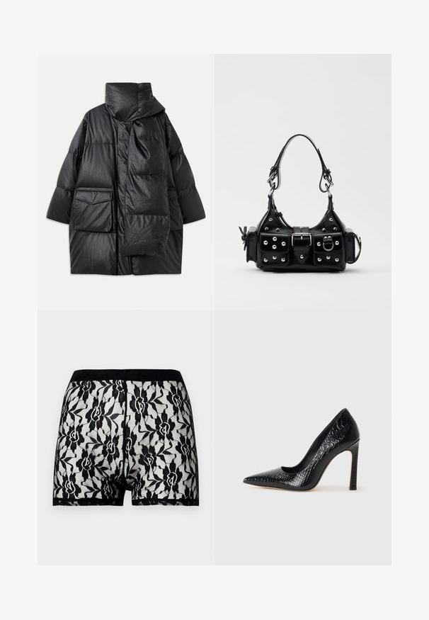 Černý prošívaný kabát s vysokým límcem, velkými kapsami a odnímatelným šátkem. Vyrobený z lesklého, strukturovaného materiálu s volným střihem.; Bílá košile s dlouhým rukávem a přiléhavým střihem. Má velký límec, přední zapínání na knoflíky s hnědými knoflíky a malé vyšívané logo.; Černé krajkové šortky s květinovým vzorem a kontrastním pevným černým pasem. Průhledný design se měkkou texturou, délka po střed stehna.; Černý lodičkový bot s špičatou špičkou, pokrytý texturou krokodýlí kůže, s elegantním designem, vysokým stiletto podpatkem a hladkým černým interiérem.; Černá kožená kabelka s křivkovým designem, zdobená stříbrnými hřebíky, s přezkou a dvěma bočními kapsami. Nastavitelný popruh pro různé možnosti nošení.