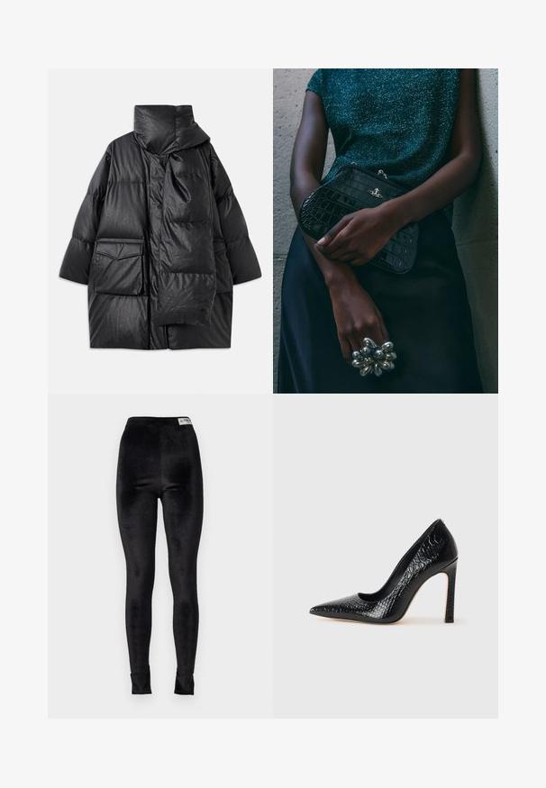 Musta vuorattu takki korkealla kauluksella, suurilla taskuilla ja irrotettavalla huivilla. Valmistettu kiiltävästä, tekstuurista materiaalista, jossa on väljä istuvuus.; Valkoinen pitkähihaisen paita, jossa on slim fit -muotoilu. Sisältää suuren kauluksen, edessä nappisuljenta ruskeilla nappeilla sekä pienen brodeeratun logon.; Mustat samettihousut, joissa on korkea vyötärö, sileä pinta ja tiukka malli; vyötärönauhassa on merkkilappu.; Musta kapea nilkkakorkokenkä krokotiilin nahkakuviolla, joka on varustettu tyylikkäällä muotoilulla, korkealla stiletto-korkealla ja sileällä mustalla sisäosalla.; Musta krokotiilihäntäinen penaali, jossa on hopeiset yksityiskohdat, pidetään teksturoitua harmaata taustaa vasten. Pintamateriaali kiiltävä.