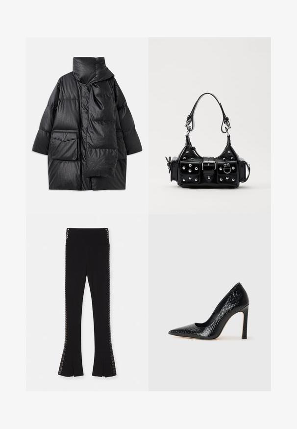 Must mustrikkidega must paks kork, millel on kõrge krae, suured taskud ja eemaldatav sall. Valmistatud läikivast, tekstuuriga materjalist, millel on vabalt langev disain.; Valge pika varrukaga särk, millel on vormitud disain. Iseloomustab suur krae, ees nupuga sule avamine pruunide nuppudega ja väike broderi logo.; Mustad flared püksid sileda tekstuuriga, millel on dekoratiivsed detailid mõlemal küljel ja lõhed hemmi äärtes.; Mustan teravaotsaga kõrge kontsaga king, millel on krokodillimustriga tekstuur, stiilne disain, kõrge stilettokonts ja sile must sisesisustus.; Must värvi nahast käekott, millel on kaarjas disain, hõbedased nupukesed, kinnitusahe ja kaks külgtaskut. Reguleeritav rihm erinevate kandmisvõimaluste jaoks.