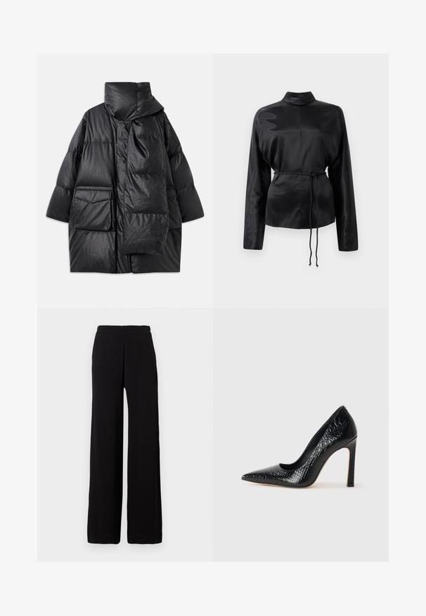 Fekete, párnázott kabát magas gallérral, nagy zsebekkel és levehető sállal. Fényes, textúrált anyagból készült, laza szabású.; Fekete selyem hosszú ujjú ing magas gallérral, megkötött derékkal és állítható zsinóros részletekkel. Simaság jellemzi, elegáns kivitelezéssel.; Fekete, bő szárú nadrág, rugalmas derékkal, sima anyagból készült, egy világos, egyszínű háttér előtt bemutatva.; Fekete hegyes orrú magassarkú cipő krokodilbőr textúrával, letisztult dizájnnal, magas tűsarkú és sima fekete belső résszel.