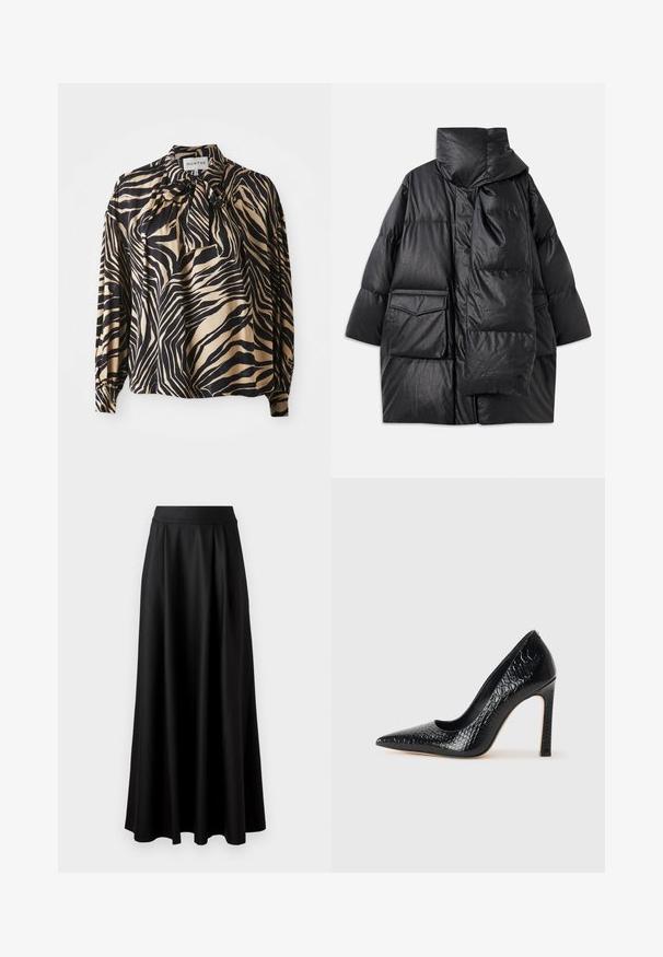 Sort polstret frakke med høj krave, store lommer og et aftageligt tørklæde. Lavet af skinnende, struktureret materiale med en løs pasform.; Langærmet skjorte i glat stof med et dristigt sort og guld zebra-stribemønster, med en butterfly-detalje ved halsudskæringen.; Sort, gulvlange nederdel med en glat tekstur, bred taljeelastik og plisseret design, uden synlige mønstre eller udsmykninger.; Sorte spidse tå stiletto-sko i krokodilleskind med et strømlinet design, høj hæl og glat sort inderside.