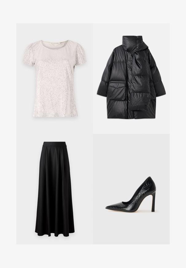 Čierny vypchávkovaný kabát s vysokým golierom, veľkými vreckami a odnímateľným šálom. Vyrobený z lesklého, textúrovaného materiálu s voľným strihom.; Krátky rukáv v svetlej béžovej farbe s textúrovaným povrchom zdobeným flitrami, s okrúhlym výstrihom a zhlukovanými rukávmi.; Čierna sukňa až po zem s hladkou textúrou, širokým pásom a plisovaným dizajnom, bez viditeľných vzorov alebo ozdôb.; Čierna lodička s špicatou špičkou a lakovanou textúrou krokodíla, s elegantným dizajnom, vysokým stiletto podpätkom a hladkým čiernym interiérom.