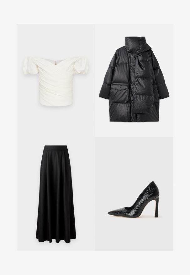 Cappotto imbottito nero con colletto alto, ampie tasche e sciarpa staccabile. Realizzato in materiale lucido e testurizzato, con un design svasato.; Blusa bianca off-the-shoulder con maniche a palloncino, caratterizzata da tessuto arricciato e design incrociato sul davanti. Texture liscia, dettagli minimi.; Gonna nera lunga fino al pavimento con una texture liscia, vita alta ampia e design plissè, priva di motivi visibili o decorazioni.; Scarpa nera con punta a punta alta in pelle di coccodrillo, caratterizzata da un design elegante, alto tacco a spillo e interno nero liscio.