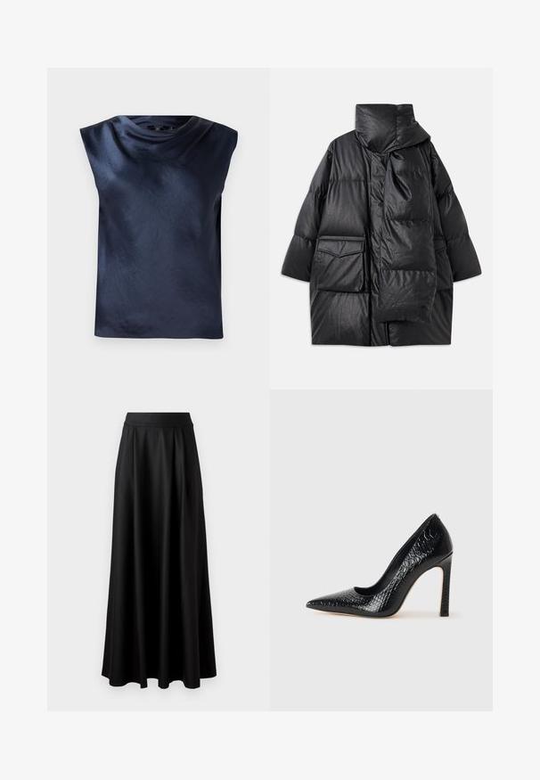 Czarna pikowana kurtka z wysokim kołnierzem, dużymi kieszeniami i odpinanym szalikiem. Wykonana z błyszczącego, strukturalnego materiału o luźnym kroju.; Granatowa, bezrękawnikowa bluzka z dekoltem w kształcie koca, wykonana z gładkiego, lekko błyszczącego materiału, z luźnym krojem i bez widocznych elementów metalowych.; Czarna spódnica do ziemi o gładkiej fakturze, szerokim pasie i plisowanym wzorze, bez widocznych wzorów czy ozdób.; Czarne szpilki z ostrym noskiem, pokryte teksturą skóry krokodyla, charakteryzujące się eleganckim wzornictwem, wysokim obcasem w stylu stiletto oraz gładkim czarnym wnętrzem.