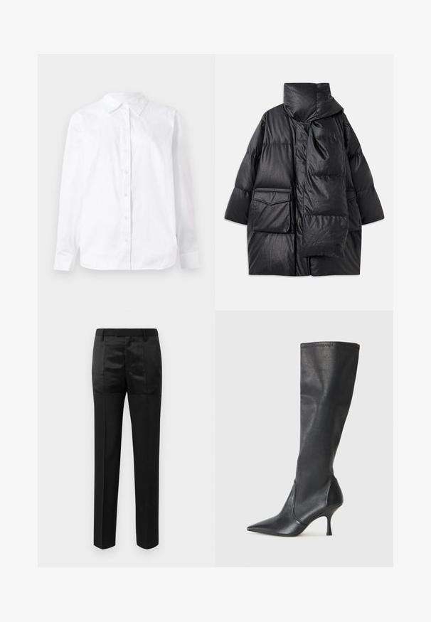 Fekete, párnázott kabát magas gallérral, nagy zsebekkel és levehető sállal. Fényes, textúrált anyagból készült, laza szabású.; Fehér, hosszú ujjú, gombos ing, pamutból készült, hegyes gallérral és egyenes szabással, sima textúrával.; Fekete, egyenes lábú, szabott nadrág övvel ellátott derékkal, matt és fényes anyagpanelek kombinációjával.; Térd fölötti fekete bőr csizmák hegyes orral és karcsú stiletto sarkal. Simább textúrájúak, jól illeszkedő kialakítással és varrással a tetején.