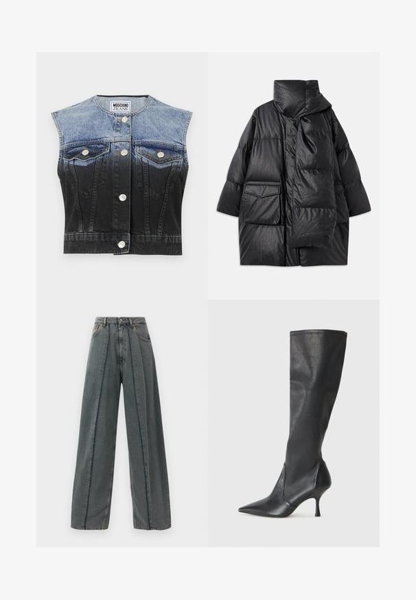 Juodas paminkštintas paltas su aukštu apykakle, didelėmis kišenėmis ir nuimama šaliku. Pagamintas iš blizgaus, tekstūruoto audinio su laisva pritaikymo forma.; Džinsinis liemenė su išblukusia mėlyna-juoda ombre efektu, be rankovių, dviem krūtinės kišenėmis, sidabriniais mygtukais ir lenktu apatine dalimi.; Plati šviesiai pilki džinsai su aukštu liemeniu, su suplėšytomis siūlėmis, bėgančiomis vertikaliai per priekį, ir klasikinio penkių kišenių dizainu.; Juodų odinių batų iki kelių su smailiu pirštu ir plonu stiletto kulnu. Lygus paviršius, pritaikytas dizainas ir siuvimas viršutiniame krašte.