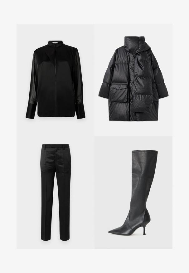 Cappotto imbottito nero con colletto alto, ampie tasche e sciarpa staccabile. Realizzato in materiale lucido e testurizzato, con un design svasato.; Blusa nera con colletto alto, maniche lunghe in tessuto trasparente, dettaglio fiocco al collo, realizzata in morbido satin, chiusura frontale con bottoni.; Pantaloni neri su misura con gamba dritta e una vita con passanti per cintura, caratterizzati da un mix di pannelli di tessuto opaco e lucido.; Stivali neri in pelle al ginocchio con punta affusolata e tacco a stiletto sottile. Texture liscia con design aderente e cuciture lungo il bordo superiore.