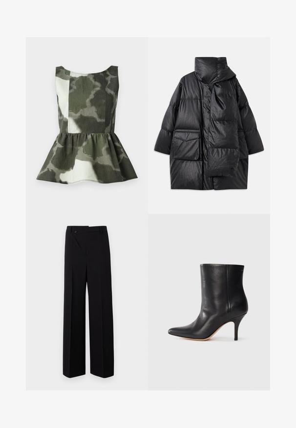 Black padded coat with high collar, large pockets, and a detachable scarf. Made of shiny, textured material with a loose-fitting design.; Peplum top made of camo-patterned fabric in green and beige tones, featuring a fitted bodice and a flared ruffled hem.; Black wide-leg trousers with a flat front, button closure, and smooth fabric texture. Features a straight cut and crisp lines.; Black leather ankle boot with pointed toe, slim stiletto heel, and smooth texture. Minimalist design with no visible hardware or accents.