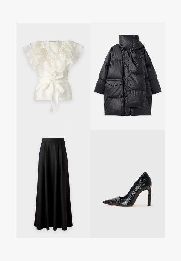 Schwarze gepolsterte Jacke mit hohem Kragen, großen Taschen und einem abnehmbaren Schal. Hergestellt aus glänzendem, strukturiertem Material mit einem lockeren Schnitt.; Weißes Oberteil mit Rüschenausschnitt und -ärmeln, aus einem strukturierten Stoff gefertigt. Es hat einen Bindegürtel in der Taille zur Anpassung.; Schwarzer, bodenlanger Rock mit glatter Textur, weitem Bund und plissiertem Design, ohne sichtbare Muster oder Verzierungen.; Schwarzer, spitz zulaufender High Heel mit Krokodilleder-Struktur, elegantem Design, hohem Stiletto-Absatz und glattem schwarzen Innenraum.
