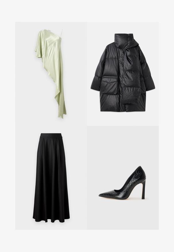 Schwarze gepolsterte Jacke mit hohem Kragen, großen Taschen und einem abnehmbaren Schal. Hergestellt aus glänzendem, strukturiertem Material mit einem lockeren Schnitt.; Ein trägerloses Kleid aus hellgrünem Satin mit einem drapierten, asymmetrischen Design und einem sanften, fließenden Stoff.; Schwarzer, bodenlanger Rock mit glatter Textur, weitem Bund und plissiertem Design, ohne sichtbare Muster oder Verzierungen.; Schwarzer, spitz zulaufender High Heel mit Krokodilleder-Struktur, elegantem Design, hohem Stiletto-Absatz und glattem schwarzen Innenraum.