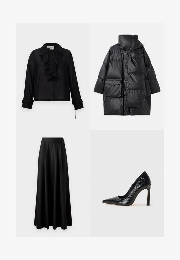 Cappotto imbottito nero con colletto alto, ampie tasche e sciarpa staccabile. Realizzato in materiale lucido e testurizzato, con un design svasato.; Blusa nera a maniche lunghe con pannello arricciato nella parte frontale, colletto con fiocco e polsini arricciati, esposta su uno sfondo bianco.; Gonna nera lunga fino al pavimento con una texture liscia, vita alta ampia e design plissè, priva di motivi visibili o decorazioni.; Scarpa nera con punta a punta alta in pelle di coccodrillo, caratterizzata da un design elegante, alto tacco a spillo e interno nero liscio.