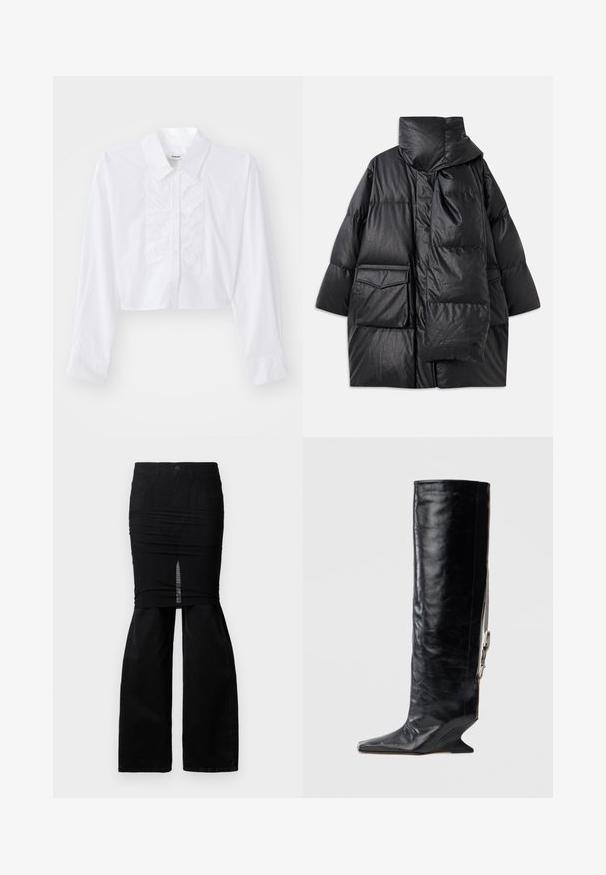 Black padded coat with high collar, large pockets, and a detachable scarf. Made of shiny, textured material with a loose-fitting design.; Cropped white shirt made of smooth cotton, featuring a front ruffled detail, pointed collar, and long sleeves with buttoned cuffs.; Black denim pants with attached black ruched mini skirt overlay featuring a front slit, displayed on a white background.; Knee-high black leather boot with a pointed toe, unique wedge heel, and side chain accent. Smooth texture with a glossy finish.