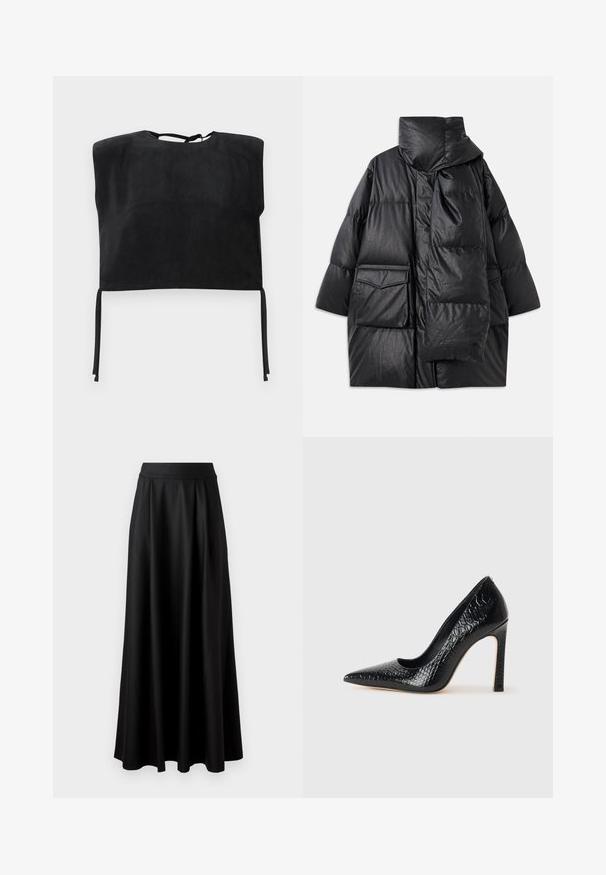 Black padded coat with high collar, large pockets, and a detachable scarf. Made of shiny, textured material with a loose-fitting design.; Black cropped top made of smooth suede, featuring a high neckline and tied accents at the bottom. Simple, minimalist design.; Black, floor-length skirt with a smooth texture, wide waistband, and pleated design, featuring no visible patterns or embellishments.; Black pointed-toe high heel shoe with a crocodile-skin texture, featuring a sleek design, high stiletto heel, and smooth black interior.
