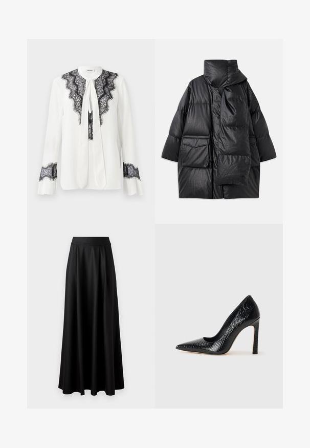 Čierny vypchávkovaný kabát s vysokým golierom, veľkými vreckami a odnímateľným šálom. Vyrobený z lesklého, textúrovaného materiálu s voľným strihom.; Biela blúzka so čiernymi čipkovými detailmi pozdĺž goliera a rukávov, s tiketom na krku a volánovými manžetami.; Čierna sukňa až po zem s hladkou textúrou, širokým pásom a plisovaným dizajnom, bez viditeľných vzorov alebo ozdôb.; Čierna lodička s špicatou špičkou a lakovanou textúrou krokodíla, s elegantným dizajnom, vysokým stiletto podpätkom a hladkým čiernym interiérom.