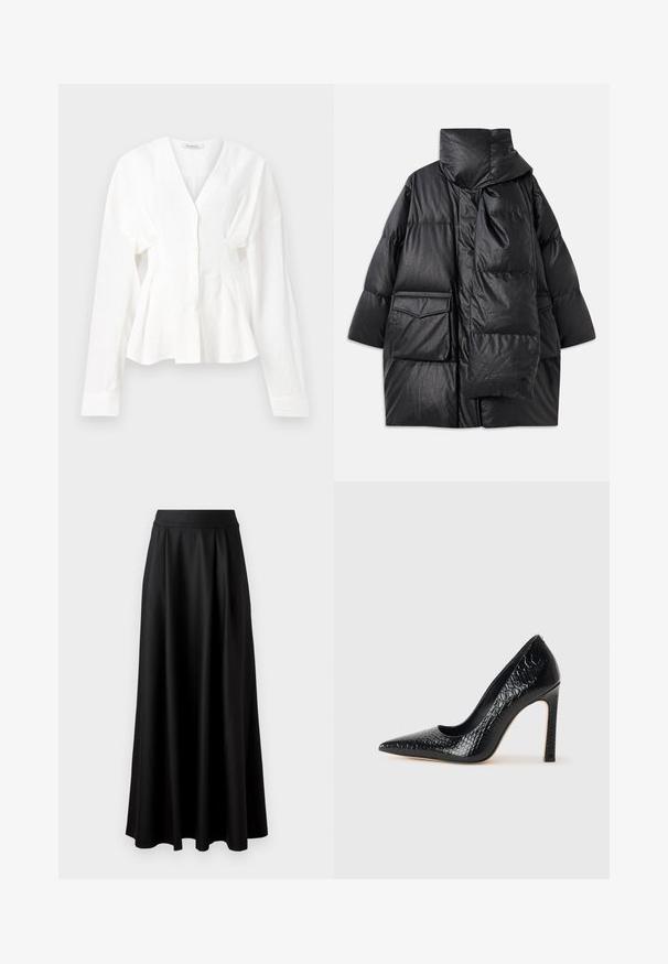 Black padded coat with high collar, large pockets, and a detachable scarf. Made of shiny, textured material with a loose-fitting design.; White long-sleeve top with a v-neck, featuring a buttoned front and gathered sides, made of lightweight fabric, smooth texture.; Black, floor-length skirt with a smooth texture, wide waistband, and pleated design, featuring no visible patterns or embellishments.; Black pointed-toe high heel shoe with a crocodile-skin texture, featuring a sleek design, high stiletto heel, and smooth black interior.