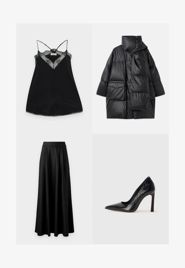 Czarna pikowana kurtka z wysokim kołnierzem, dużymi kieszeniami i odpinanym szalikiem. Wykonana z błyszczącego, strukturalnego materiału o luźnym kroju.; Czarna koszulka na ramiączkach z regulowanymi sznurkami, z koronkowym dekoltem w kształcie litery V i falbaniastymi brzegami. Gładki materiał o lekkim połysku.; Czarna spódnica do ziemi o gładkiej fakturze, szerokim pasie i plisowanym wzorze, bez widocznych wzorów czy ozdób.; Czarne szpilki z ostrym noskiem, pokryte teksturą skóry krokodyla, charakteryzujące się eleganckim wzornictwem, wysokim obcasem w stylu stiletto oraz gładkim czarnym wnętrzem.