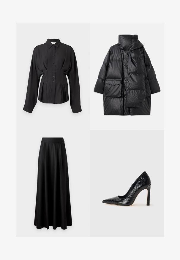 Juodas paminkštintas paltas su aukštu apykakle, didelėmis kišenėmis ir nuimama šaliku. Pagamintas iš blizgaus, tekstūruoto audinio su laisva pritaikymo forma.; Juodas ilgomis rankovėmis marškinys iš lygaus audinio, su sagčių uždarymu priekyje, išlenktu apačiu ir surinkta detale ties liemeniu, suteikiančia pritaikytą fitą.; Juoda, iki žemės tiesi sijonas su lygiu paviršiumi, plačiu juosmeniu ir pūtimo dizainu, be matomų raštų ar puošmenų.; Juoda smailiakulnė aukšto kulno bateliai su krokodilo odos tekstūra, pasižymintys elegantišku dizainu, aukštu stiletu kulnu ir lygia juoda vidine dalimi.