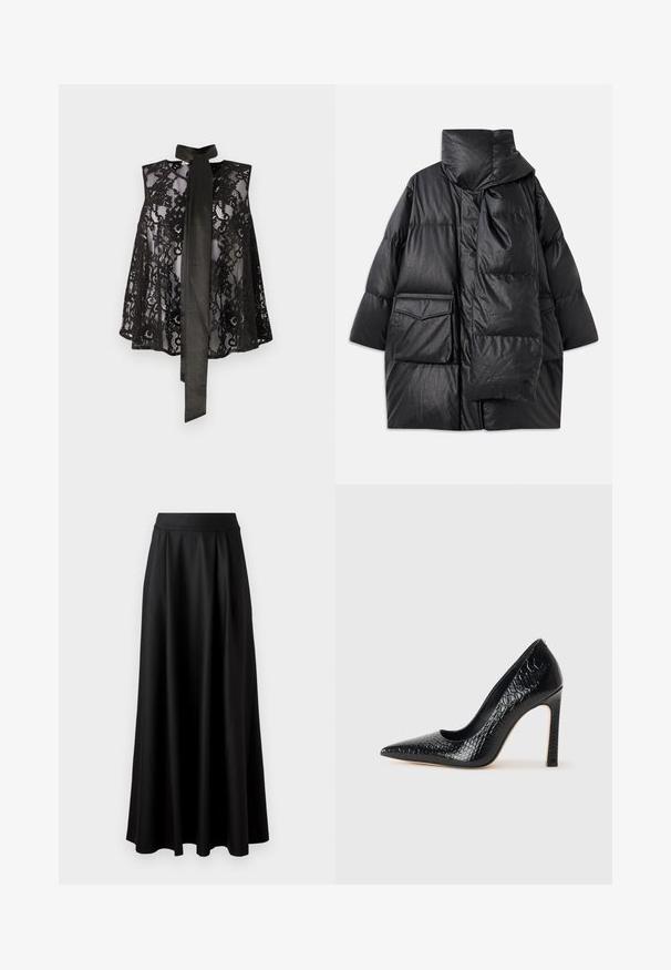 Čierny vypchávkovaný kabát s vysokým golierom, veľkými vreckami a odnímateľným šálom. Vyrobený z lesklého, textúrovaného materiálu s voľným strihom.; Čierny čipkovaný top bez rukávov s viazaním na krku. Čipka má kvetinové vzory a priesvitnú textúru, ktorá vytvára elegantný vzhľad.; Čierna sukňa až po zem s hladkou textúrou, širokým pásom a plisovaným dizajnom, bez viditeľných vzorov alebo ozdôb.; Čierna lodička s špicatou špičkou a lakovanou textúrou krokodíla, s elegantným dizajnom, vysokým stiletto podpätkom a hladkým čiernym interiérom.