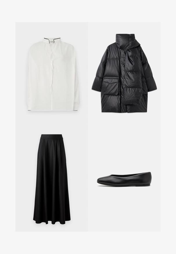 Musta vuorattu takki korkealla kauluksella, suurilla taskuilla ja irrotettavalla huivilla. Valmistettu kiiltävästä, tekstuurista materiaalista, jossa on väljä istuvuus.; Valkoinen paita, jossa on korkea kaulus, joka sisältää kiristysnyörin sulkemisen ja kontrastivärisen mustan kantin kaulanaukossa ja hihoissa. Pehmeä kangas.; Mustat, lattiapituinen hame, jossa on sileä pinta, leveä vyötäröosa ja plissoitu muotoilu, ilman näkyviä kuvioita tai koristeita.; Paul Smith TOPANGA - Ballerinat - black