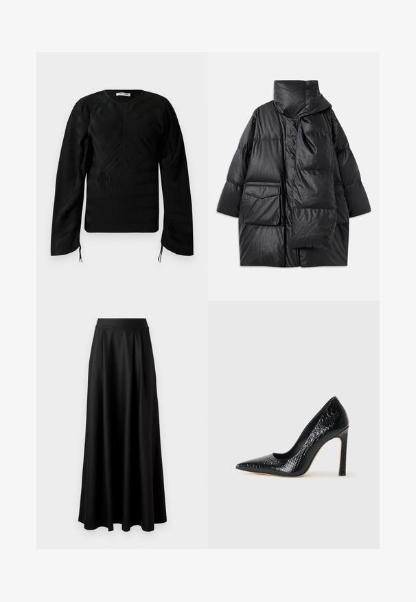 Must mustrikkidega must paks kork, millel on kõrge krae, suured taskud ja eemaldatav sall. Valmistatud läikivast, tekstuuriga materjalist, millel on vabalt langev disain.; Must have pikka tekstuuriga must pikkade varrukatega särk, millel on õrnad lainelised mustrid, ümmargune kaelus, kergelt puffis õlad ja väikesed sidemed varruka otstes.; Mustmust pikk, must seelik, millel on sile tekstuur, lai vöökoht ja volditud disain, ilma nähtavate mustrite või kaunistusteta.; Mustan teravaotsaga kõrge kontsaga king, millel on krokodillimustriga tekstuur, stiilne disain, kõrge stilettokonts ja sile must sisesisustus.