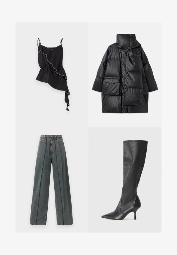 Juodas paminkštintas paltas su aukštu apykakle, didelėmis kišenėmis ir nuimama šaliku. Pagamintas iš blizgaus, tekstūruoto audinio su laisva pritaikymo forma.; Juodas be rankovių topas su asimetriniu raukšlėtu dizainu, susiraukšlėjusiu juosmeniu ir kontrastinga balta siūle, akcentuojančia kraštus.; Plati šviesiai pilki džinsai su aukštu liemeniu, su suplėšytomis siūlėmis, bėgančiomis vertikaliai per priekį, ir klasikinio penkių kišenių dizainu.; Juodų odinių batų iki kelių su smailiu pirštu ir plonu stiletto kulnu. Lygus paviršius, pritaikytas dizainas ir siuvimas viršutiniame krašte.