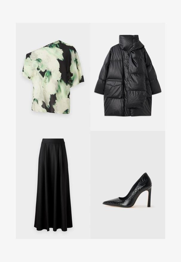 Musta vuorattu takki korkealla kauluksella, suurilla taskuilla ja irrotettavalla huivilla. Valmistettu kiiltävästä, tekstuurista materiaalista, jossa on väljä istuvuus.; Epäsymmetrinen paita kevyessä kankaassa, jossa on musta tausta ja vihreitä ja valkoisia kukkakuoseja; lyhyet hihat, rento istuvuus.; Mustat, lattiapituinen hame, jossa on sileä pinta, leveä vyötäröosa ja plissoitu muotoilu, ilman näkyviä kuvioita tai koristeita.; Musta kapea nilkkakorkokenkä krokotiilin nahkakuviolla, joka on varustettu tyylikkäällä muotoilulla, korkealla stiletto-korkealla ja sileällä mustalla sisäosalla.