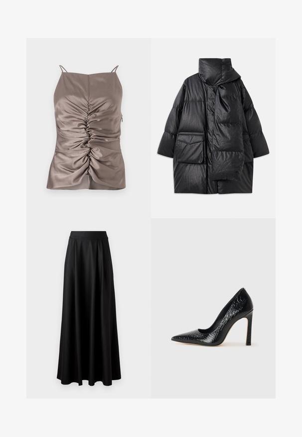 Juodas paminkštintas paltas su aukštu apykakle, didelėmis kišenėmis ir nuimama šaliku. Pagamintas iš blizgaus, tekstūruoto audinio su laisva pritaikymo forma.; Šilkinė taupe spalvos maikė su reguliuojamomis petnešėlėmis, priekyje yra raukinių ir šone užtrauktukas, glotni tekstūra ir priglundanti siluetas.; Juoda, iki žemės tiesi sijonas su lygiu paviršiumi, plačiu juosmeniu ir pūtimo dizainu, be matomų raštų ar puošmenų.; Juoda smailiakulnė aukšto kulno bateliai su krokodilo odos tekstūra, pasižymintys elegantišku dizainu, aukštu stiletu kulnu ir lygia juoda vidine dalimi.