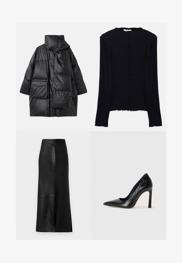 Schwarze gepolsterte Jacke mit hohem Kragen, großen Taschen und einem abnehmbaren Schal. Hergestellt aus glänzendem, strukturiertem Material mit einem lockeren Schnitt.; Schwarz langärmliges Oberteil aus weichem Stoff. Mit einem gewellten Ausschnitt und Saum, simplem, tailliertem Design. Keine zusätzlichen Verzierungen.; Schwarzer Lederrock mit gerader Silhouette, ausgestattet mit einer Rückenschlitz, glatter Textur und sichtbaren Nahtdetails.; Schwarzer, spitz zulaufender High Heel mit Krokodilleder-Struktur, elegantem Design, hohem Stiletto-Absatz und glattem schwarzen Innenraum.