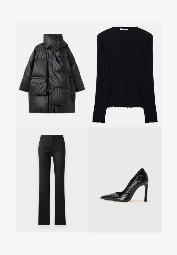 Fekete, párnázott kabát magas gallérral, nagy zsebekkel és levehető sállal. Fényes, textúrált anyagból készült, laza szabású.; Fekete, hosszú ujjú felső puha anyagból. Süllesztett nyakkivágással és szegéllyel rendelkezik, egységes, testhez simuló fazon. Nincsenek további díszítések.; Fekete, testhez álló nadrág sima textúrával, enyhén fényes felülettel és egyenes szabásvonalal. Nincs látható fémrész vagy minta.; Fekete hegyes orrú magassarkú cipő krokodilbőr textúrával, letisztult dizájnnal, magas tűsarkú és sima fekete belső résszel.