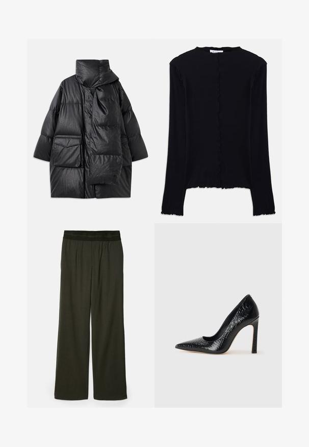 Černý prošívaný kabát s vysokým límcem, velkými kapsami a odnímatelným šátkem. Vyrobený z lesklého, strukturovaného materiálu s volným střihem.; Černý dlouhý rukáv top vyrobený z měkké látky. Má kulatý výstřih a lem s vlnitým zakončením, s jednoduchým, přiléhavým designem. Žádné další ozdoby.; Tmavě zelené kalhoty širokého střihu s hladkým povrchem, elastickým pasem a bez viditelných vzorů či akcentů.; Černý lodičkový bot s špičatou špičkou, pokrytý texturou krokodýlí kůže, s elegantním designem, vysokým stiletto podpatkem a hladkým černým interiérem.