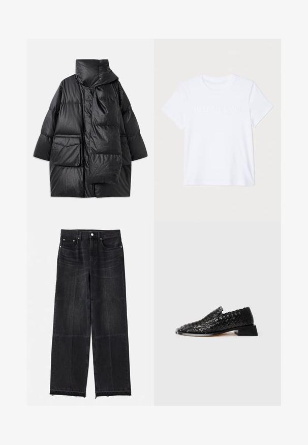 Geacă neagră matlasată cu guler înalt, buzunare mari și o eșarfă detașabilă. Fabricată dintr-un material lucios, texturat, cu un design lejer.; Tricou din bumbac alb cu mâneci scurte, având un logo subtil embosat "HELMUT LANG" pe piept. Guler rotund, textură netedă.; Jeans negri din denim cu croi larg, având un design panoului, stil cinci buzunare și margini brute, cu o textură ușor uzată.; Pantofii negri din piele împletită, cu talpă joasă și detalii ondulate, expuși pe un fundal alb.