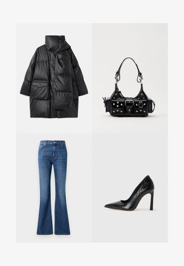 Casaco acolchoado preto com colarinho alto, grandes bolsos e um cachecol destacável. Feito de um material brilhante e texturizado, com um design de corte solto.; Top preto de manga longa com gola alta, feito de um tecido suave, apresentando uma gola fruncida e uma silhueta ajustada com bordas simples.; Calças de ganga flare azuis, com um corte alto, cinco bolsos e um padrão discreto de desgaste perto das costuras.; Sapato de salto alto de bico fino preto com textura de pele de crocodilo, apresentando um design elegante, salto agulha alto e interior preto suave.; Bolsa de couro preta com um design curvado, apresentando tachas prateadas, uma fivela e dois bolsos laterais. Alça ajustável para opções de transporte.